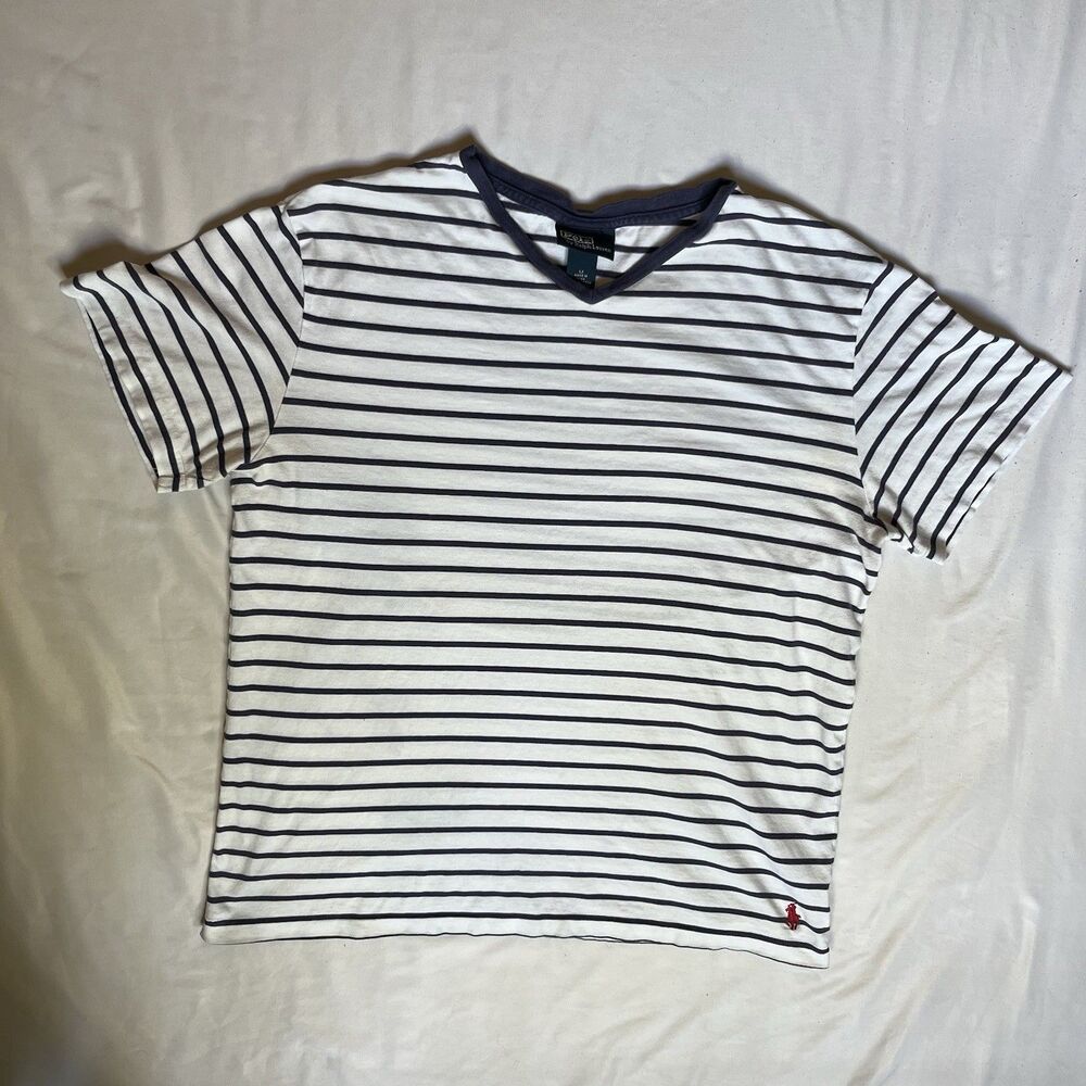 Polo Ralph Lauren Vintage Striped Shirt Navy/White V Neck Red Pony Size M Preppy